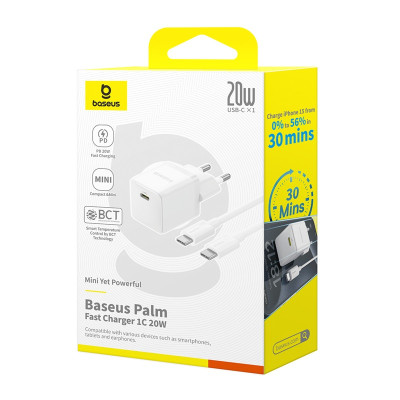 Мережевий зарядний пристрій Baseus Palm Fast Charger 1C 20W EU Moon White (with Baseus Mini White Cable USB-C to USB-C 60W (20V/3A) 1m Moon White) Мережевий зарядний пристрій Baseus Palm Fast Charger 1C 20W EU Moon White (with Baseus Mini White Cable USB-C to USB-C 60W (20V/3A) 1m Moon White)