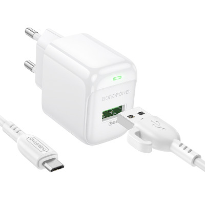 Мережевий зарядний пристрій з кабелем BOROFONE BAS42A Potential single-port QC3.0 charger set(Micro)(EU) White