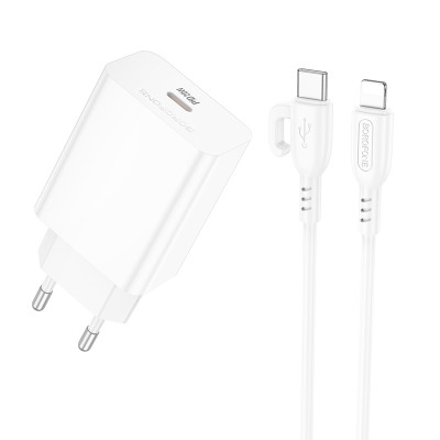 Мережевий зарядний пристрій з кабелем BOROFONE BA21A Pro Long journey single port PD20W charger set(C to iP) White Мережевий зарядний пристрій з кабелем BOROFONE BA21A Pro Long journey single port PD20W charger set(C to iP) White