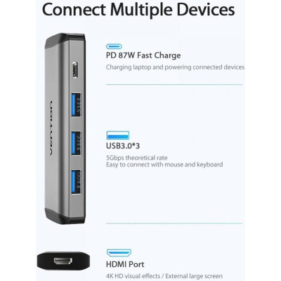 USB-хаб Vention Type-C to HDMI/USB3.0*3/PD Converter 0.15M Gray Metal Type (CNBHB)