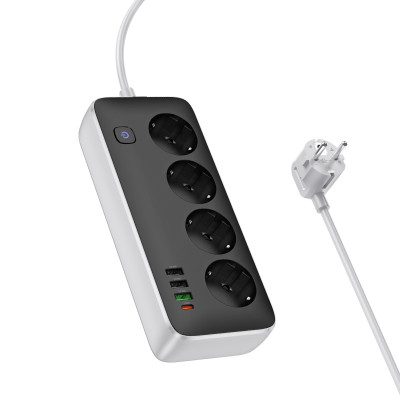 Мережевий подовжувач HOCO AC22 Sunlight 4-bit(PD30W/1C3A) desktop socket(EU/GER) (1.5m) Black