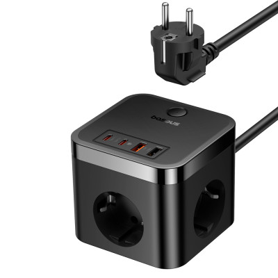 Мережевий зарядний пристрій Baseus PowerCombo Cube Power Strip 3AC+2U+2C 30W 1.5m EU Cluster Black Мережевий зарядний пристрій Baseus PowerCombo Cube Power Strip 3AC+2U+2C 30W 1.5m EU Cluster Black
