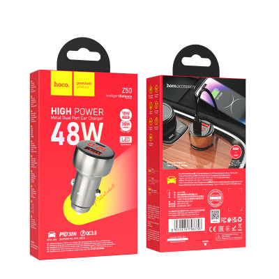 Автомобільний зарядний пристрій HOCO Z50 Leader 48W dual-port PD30W+QC3.0 car charger with digital display Metal Grey Автомобільний зарядний пристрій HOCO Z50 Leader 48W dual-port PD30W+QC3.0 car charger with digital display Metal Grey