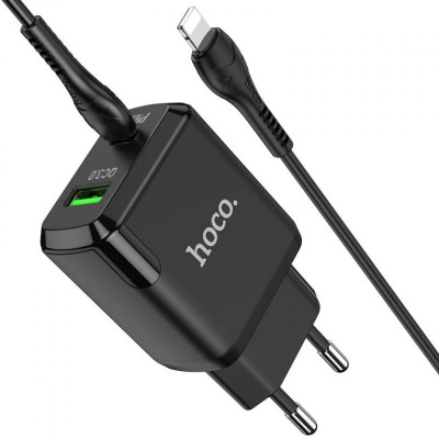 Мережевий зарядний пристрій HOCO N5 Favor dual port PD20W+QC3.0 charger set(C to iP) Black Мережевий зарядний пристрій HOCO N5 Favor dual port PD20W+QC3.0 charger set(C to iP) Black