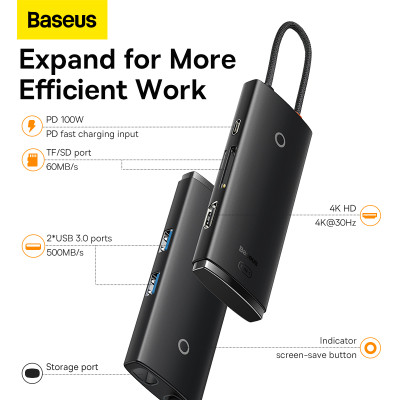 USB-хаб Baseus Lite Series 6-Port Type-C HUB Docking Station (Type-C to HDMI+USB3.0*2+PD+SD/TF) Black USB-хаб Baseus Lite Series 6-Port Type-C HUB Docking Station (Type-C to HDMI+USB3.0*2+PD+SD/TF) Black