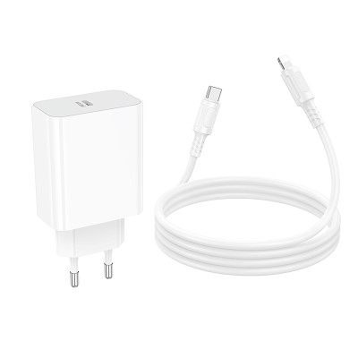 Мережевий зарядний пристрій з кабелем BOROFONE BA107A Stellar single port PD30W charger set (C to iP) (EU) White Мережевий зарядний пристрій з кабелем BOROFONE BA107A Stellar single port PD30W charger set (C to iP) (EU) White