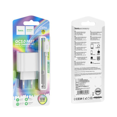 Мережевий зарядний пристрій з кабелем HOCO C109A Fighter single port QC3.0 charger set(Micro) White Мережевий зарядний пристрій з кабелем HOCO C109A Fighter single port QC3.0 charger set(Micro) White
