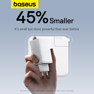 Мережевий зарядний пристрій з кабелем Baseus GaN6 Pro Fast Charger 2C+2U 65W  EU Moon White((With:Mini White Cable C to C 100W(20V/5A) 1m White）