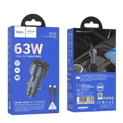 Автомобільний зарядний пристрій HOCO Z57B Glorious 63W dual-port digital display PD45W+QC3.0 car charger set (C to C) Metal Gray