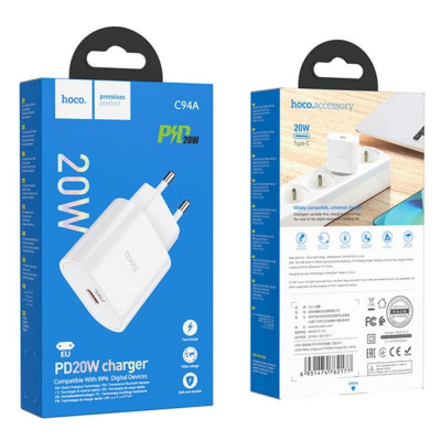 Мережевий зарядний пристрій з кабелем HOCO C94A Metro single port PD20W charger set(Type-C to Type-C) White