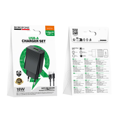 Мережевий зарядний пристрій з кабелем BOROFONE BAS72A Source single port QC3.0 charger set(Micro) Black Мережевий зарядний пристрій з кабелем BOROFONE BAS72A Source single port QC3.0 charger set(Micro) Black