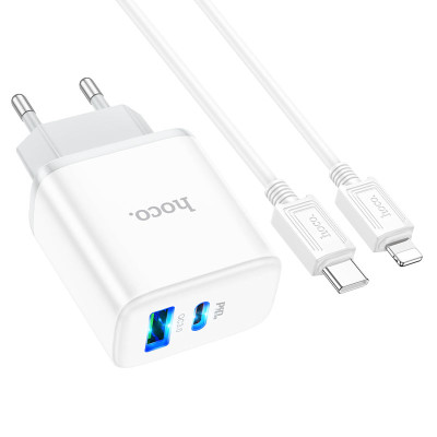 Мережевий зарядний пристрій з кабелем HOCO C105A Stage dual port PD20W+QC3.0 charger set (C to iP)(EU) White Мережевий зарядний пристрій з кабелем HOCO C105A Stage dual port PD20W+QC3.0 charger set (C to iP)(EU) White
