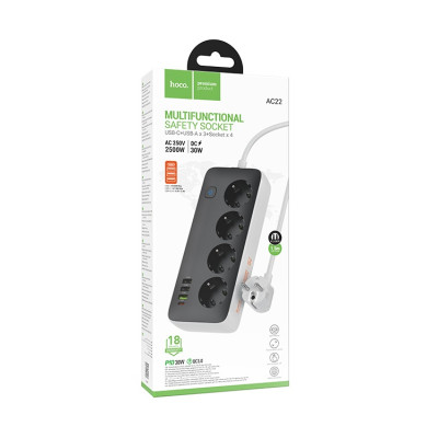 Мережевий подовжувач HOCO AC22 Sunlight 4-bit(PD30W/1C3A) desktop socket(EU/GER) (1.5m) Black