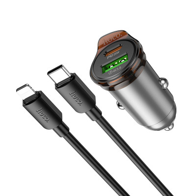 Автомобільний зарядний пристрій HOCO NZ16A Rigorous 43W dual port PD25W+QC3.0 car charger set(C to iP) Metal Grey Автомобільний зарядний пристрій HOCO NZ16A Rigorous 43W dual port PD25W+QC3.0 car charger set(C to iP) Metal Grey