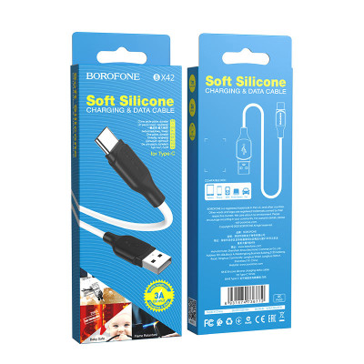 Кабель BOROFONE BX42 USB to Type-C 3A, 1m, silicone, TPE connectors, White Кабель BOROFONE BX42 USB to Type-C 3A, 1m, silicone, TPE connectors, White