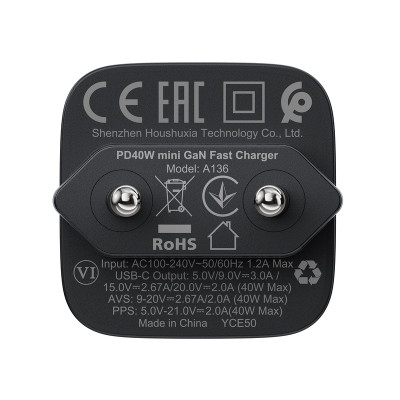 Мережевий зарядний пристрій ACEFAST A136 PD40W mini GaN USB-C fast charger Black