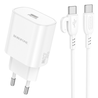 Мережевий зарядний пристрій з кабелем BOROFONE BA82A Platinum single port PD25W charger set(C to C)(EU) White Мережевий зарядний пристрій з кабелем BOROFONE BA82A Platinum single port PD25W charger set(C to C)(EU) White