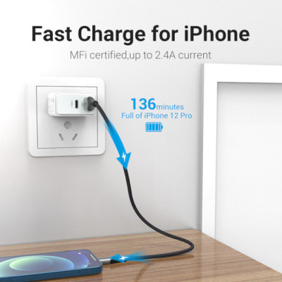 Кабель Vention USB 2.0 A to Lightning Cable 1M Gray Aluminum Alloy Type (LABHF)