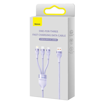 Кабель Baseus Flash Series Ⅱ One-for-three Fast Charging Data Cable USB to M+L+C 100W 1.2m Purple Кабель Baseus Flash Series Ⅱ One-for-three Fast Charging Data Cable USB to M+L+C 100W 1.2m Purple