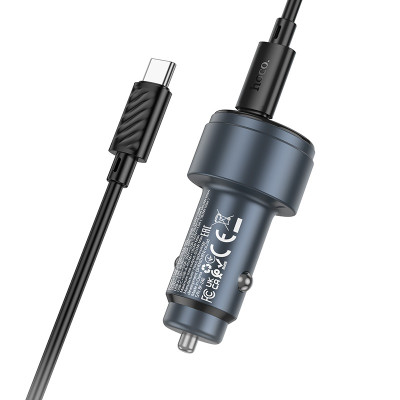Автомобільний зарядний пристрій HOCO Z57B Glorious 63W dual-port digital display PD45W+QC3.0 car charger set (C to C) Metal Gray
