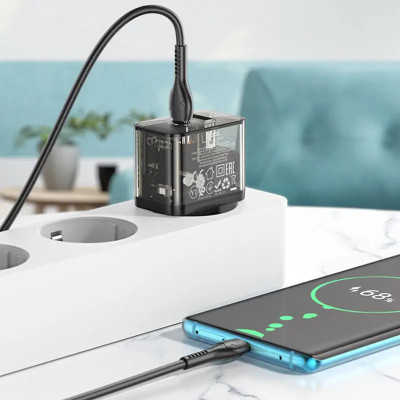 Мережевий зарядний пристрій з кабелем HOCO N34 Dazzling dual-port PD20W+QC3.0 charger set(C to iP) Transparent Black