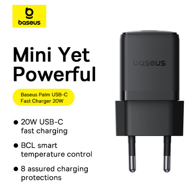 Мережевий зарядний пристрій з кабелем Baseus Palm Fast Charger 1C 20W EU Cosmic Black  set USB-C to iP 20W 1m