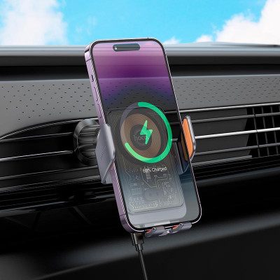 Автотримач для телефона з БЗП HOCO HW7 Transparent Discovery Edition wireless fast charging car holder(air outlet) Metal Gray Автотримач для телефона з БЗП HOCO HW7 Transparent Discovery Edition wireless fast charging car holder(air outlet) Metal Gray