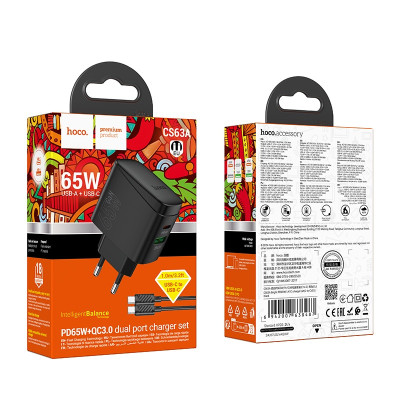 Мережевий зарядний пристрій з кабелем HOCO CS63A Bright PD65W(1A1C) charger set (C to C)(EU) Black Мережевий зарядний пристрій з кабелем HOCO CS63A Bright PD65W(1A1C) charger set (C to C)(EU) Black