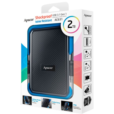 Зовнішній жорсткий диск PHD External 2.5'' Apacer USB 3.1 AC631 2TB Black/Blue (color box)