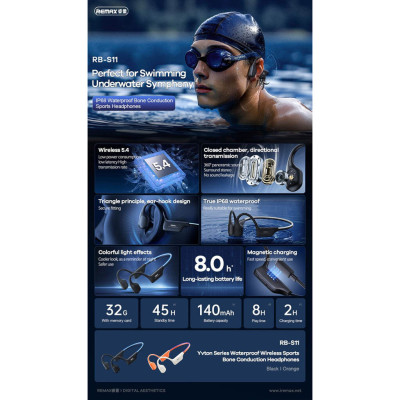 Бездротові спортивні навушники REMAX RB-S11 Yvton Series Wireless Sports Bone Conduction Headphones with colorful lighting effects, IP68, Black Бездротові спортивні навушники REMAX RB-S11 Yvton Series Wireless Sports Bone Conduction Headphones with colorful lighting effects, IP68, Black