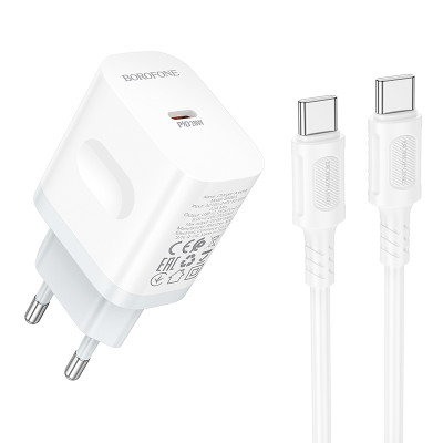 Мережевий зарядний пристрій з кабелем BOROFONE BA99A Breeze single port PD20W charger set(C to C) White Мережевий зарядний пристрій з кабелем BOROFONE BA99A Breeze single port PD20W charger set(C to C) White