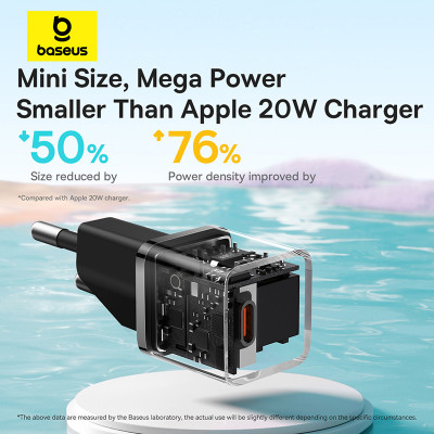Мережевий зарядний пристрій з кабелем Baseus GaN5 Fast Charger(mini) 1C 20W EU Cluster Black(With: Fast Charging Data Cable Type-C)