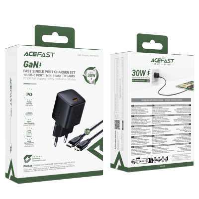 Мережевий зарядний пристрій ACEFAST A118 PD30W mini GaN USB-C fast charger set (P16) Black