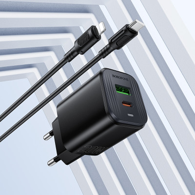 Мережевий зарядний пристрій з кабелем BOROFONE BAS83A Star PD20W+QC3.0 charger set (C to iP) (EU) Black Мережевий зарядний пристрій з кабелем BOROFONE BAS83A Star PD20W+QC3.0 charger set (C to iP) (EU) Black