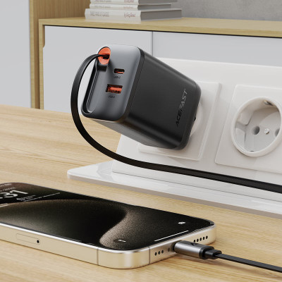 Мережевий зарядний пристрій з кабелем ACEFAST A111 PD67W GaN charger(2*USB-C+USB-A) with retractable cable Black