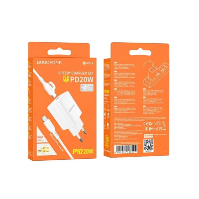 Мережевий зарядний пристрій з кабелем BOROFONE BA81A single port PD20W charger set (Type-C to Type-C) (EU) White