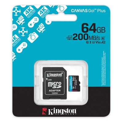Карта пам'яті microSDXC (UHS-1 U3) Kingston Canvas Go! Plus 64Gb class 10 A2 V30 (R200MB/s) (adapter SD)