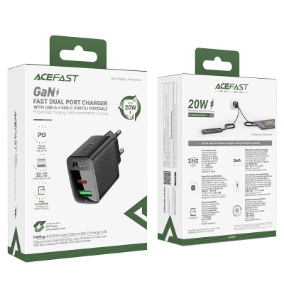 Мережевий зарядний пристрій ACEFAST A78 PD20W GaN (USB-A+USB-C) charger Black Мережевий зарядний пристрій ACEFAST A78 PD20W GaN (USB-A+USB-C) charger Black