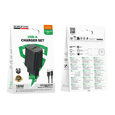 Мережевий зарядний пристрій з кабелем BOROFONE BAS82A Star single port QC3.0 charger set (Micro) (EU) Black Мережевий зарядний пристрій з кабелем BOROFONE BAS82A Star single port QC3.0 charger set (Micro) (EU) Black