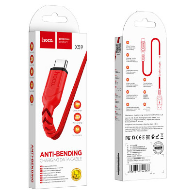 Кабель HOCO X59 USB to Type-C 3A, 1m, nylon, TPE connectors, Red Кабель HOCO X59 USB to Type-C 3A, 1m, nylon, TPE connectors, Red