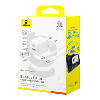 Мережевий зарядний пристрій з кабелем Baseus Palm Fast Charger C+U 30W EU Moon White (with USB-C to USB-C 60W (20V/3A) 1m Moon White)