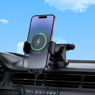 Автотримач для телефона з БЗП BOROFONE BH222 Leading push-type wireless fast charging car holder(center console) Black