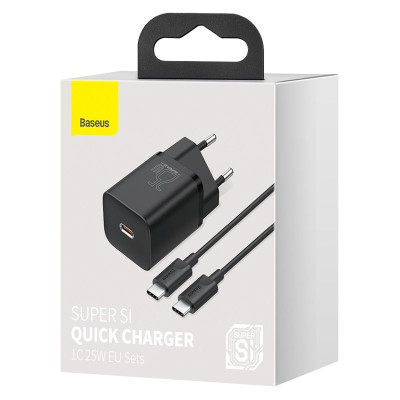 Мережевий зарядний пристрій з кабелем Baseus Super Si Quick Charger 1C 25W EU Sets Black（With Mini White Cable C to C 3A 1m Black）