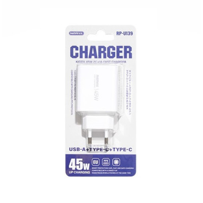 Мережевий зарядний пристрій REMAX Kiddy Series 45W 2C+1A Fast Charger RP-U139 EU-WHITE Мережевий зарядний пристрій REMAX Kiddy Series 45W 2C+1A Fast Charger RP-U139 EU-WHITE
