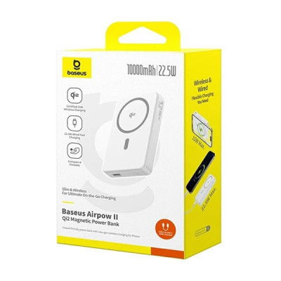 Внешний аккумулятор Baseus Airpow Ⅱ Qi2 Magnetic Power Bank 10000mAh 22.5W Moon White（With Simple Series Charging Cable Type-C to Type-C（20V/3A）30cm