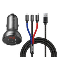 Автомобільний зарядний пристрій Baseus Digital Display Dual USB 4.8A Car Charger 24W+Three Primary Colors 3-in-1 Cable1.2M Автомобільний зарядний пристрій Baseus Digital Display Dual USB 4.8A Car Charger 24W+Three Primary Colors 3-in-1 Cable1.2M