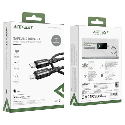 Кабель ACEFAST C4-01 Type-C to iP 3A, 30W, 1.8m, nylon, zinc connectors, Black