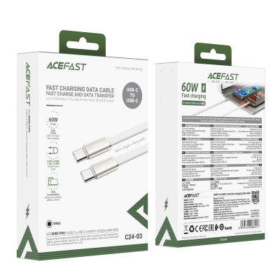 Кабель ACEFAST C24-03, Type-C to Type-C, 60W, 3A, 1.2m, Braided wire, Zinc alloy + TPE connectors, White Кабель ACEFAST C24-03, Type-C to Type-C, 60W, 3A, 1.2m, Braided wire, Zinc alloy + TPE connectors, White