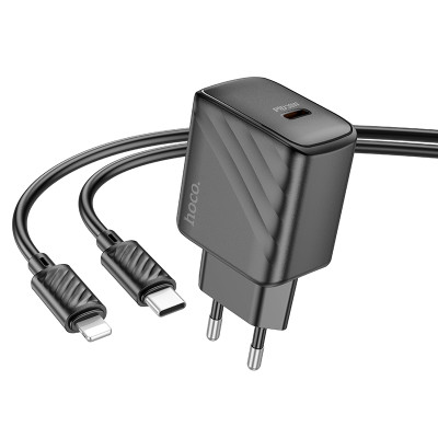 Мережевий зарядний пристрій з кабелем HOCO CS22A Value single port PD30W charger set(C to iP) Black Мережевий зарядний пристрій з кабелем HOCO CS22A Value single port PD30W charger set(C to iP) Black