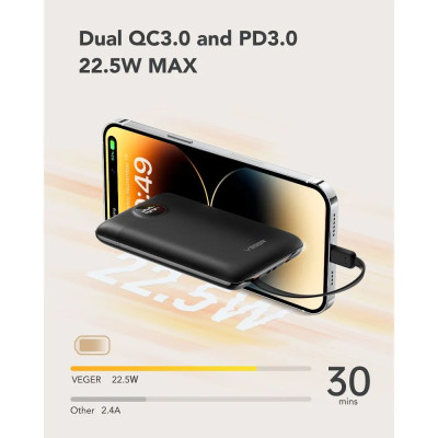 Внешний аккумулятор VEGER 10000 mAh with built-in cables Type C / Lightning PD QC3.0 2A 22,5W C11 (W1170) black